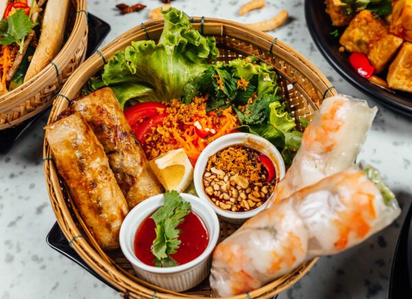 Delicious Vietnamese Food Including Pho Ga Noodles Spring Rolls White Wall